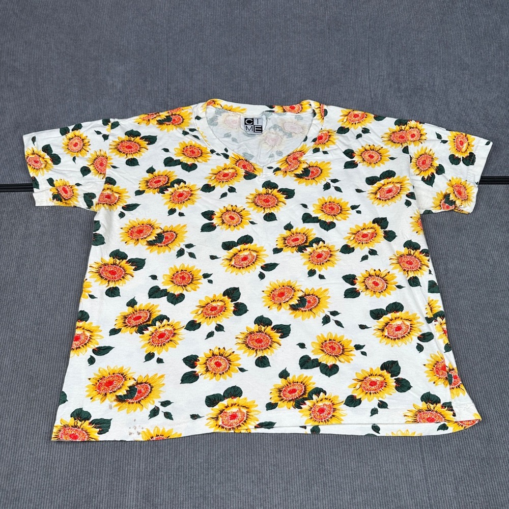 CT ME Sunflower Print V-Neck T-Shirt White Yellow Floral Short Sleeve‎ Top Y2K